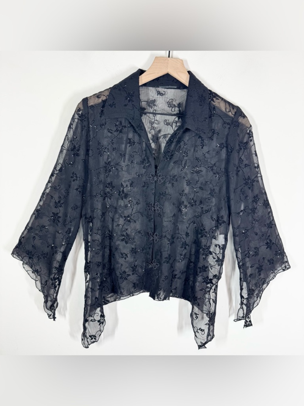 Vintage 90s Sheer Floral Glitter Bell Sleeve Top Size M Goth Fairy Whimsygoth